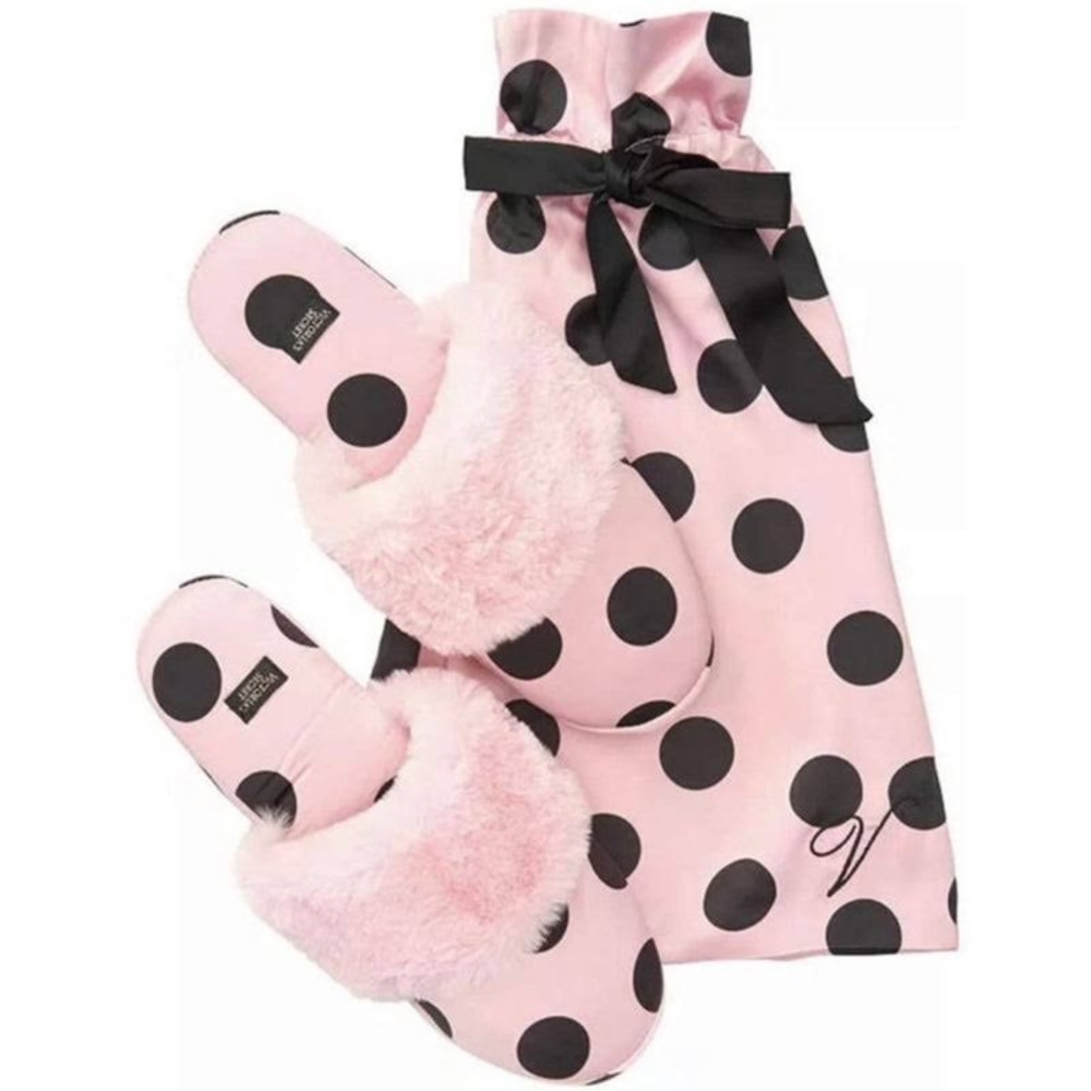 victoria's secret satin slippers pink black polka dot faux fur